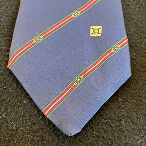Vintage Celine Navy Tie with Red and Green Stripes and Triomphe logo